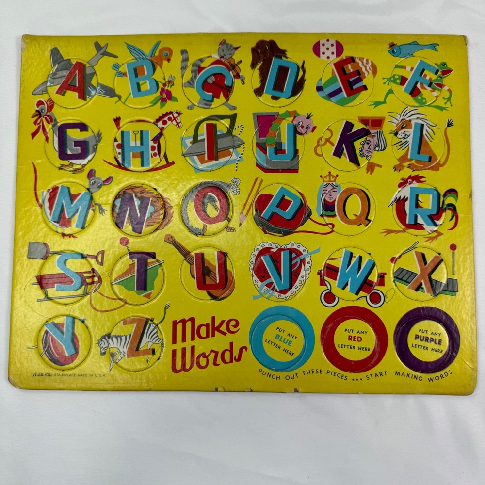 Vintage Built-Rite Make Words Alphabet Board Yellow Cardboard Punch Out Toy USA